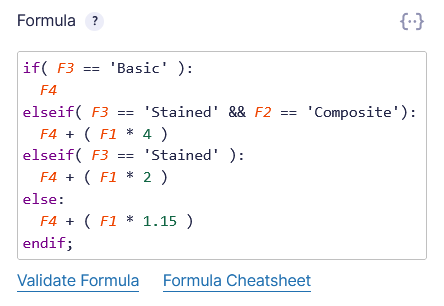Showing total material cost formula inside Gravity Forms formula field.