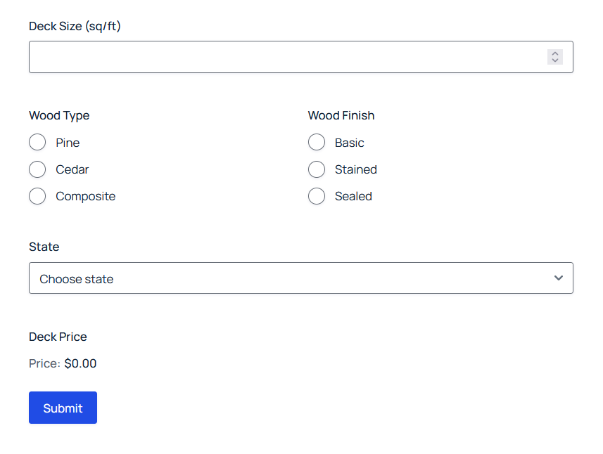 Showing Gravity Forms wood deck calculator.
