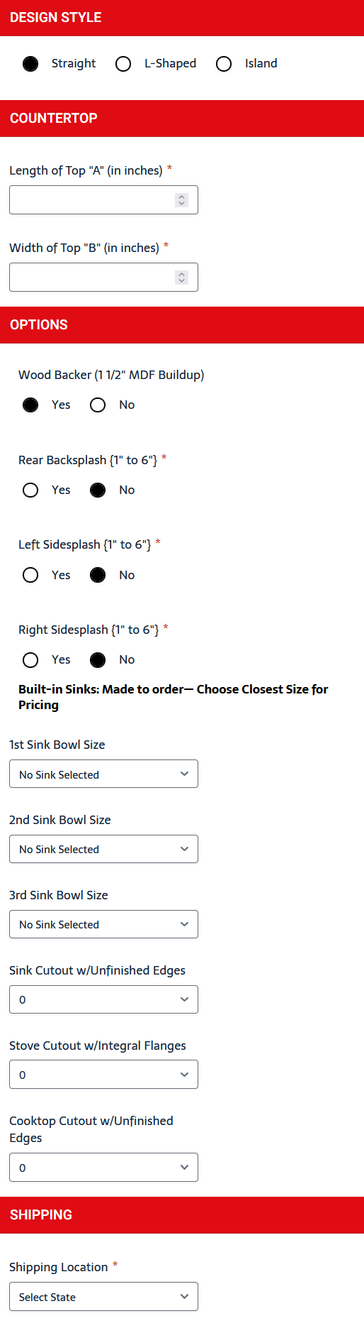 Showing frontend variables of Specialty Stainless' countertop cost estimator.